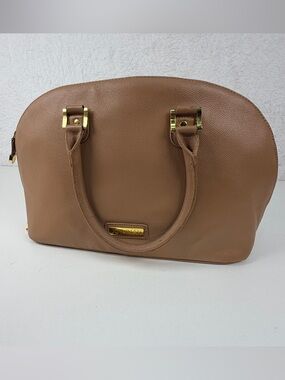 Joy & Iman Tan Pebble Leather Dome Satchel Handbag Gold Hardware